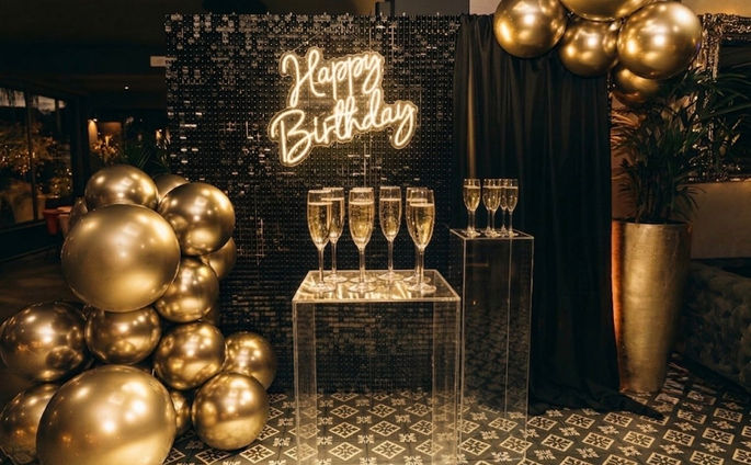 Disco birthday party in Rome with mirror ball installation, dramatic purple and pink floral design, DJ dance floor, and fireworks display over private venue
