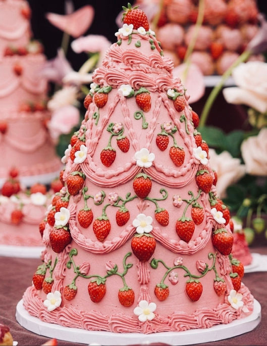 Strawberry themed birthday celebration in Rome with fresh floral arrangements, garden roses, ranunculus, and custom layered cake decorated with fresh strawberries
