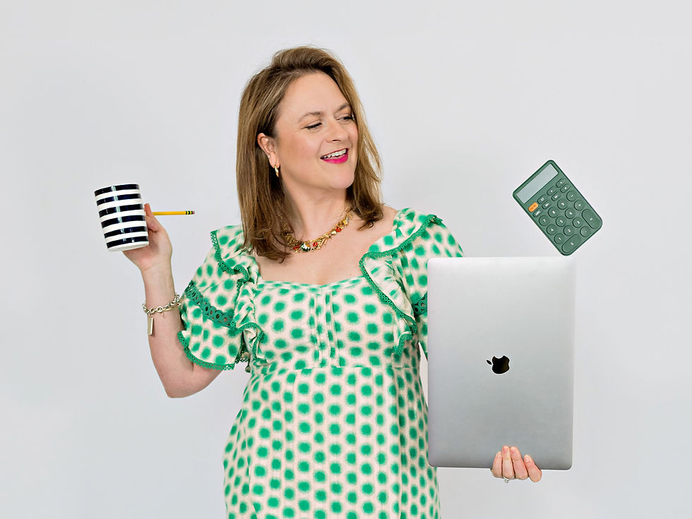 Woman smiling, wearing green polka dot dress, holds striped mug and laptop. Calculator hovers. Bright, playful setting.