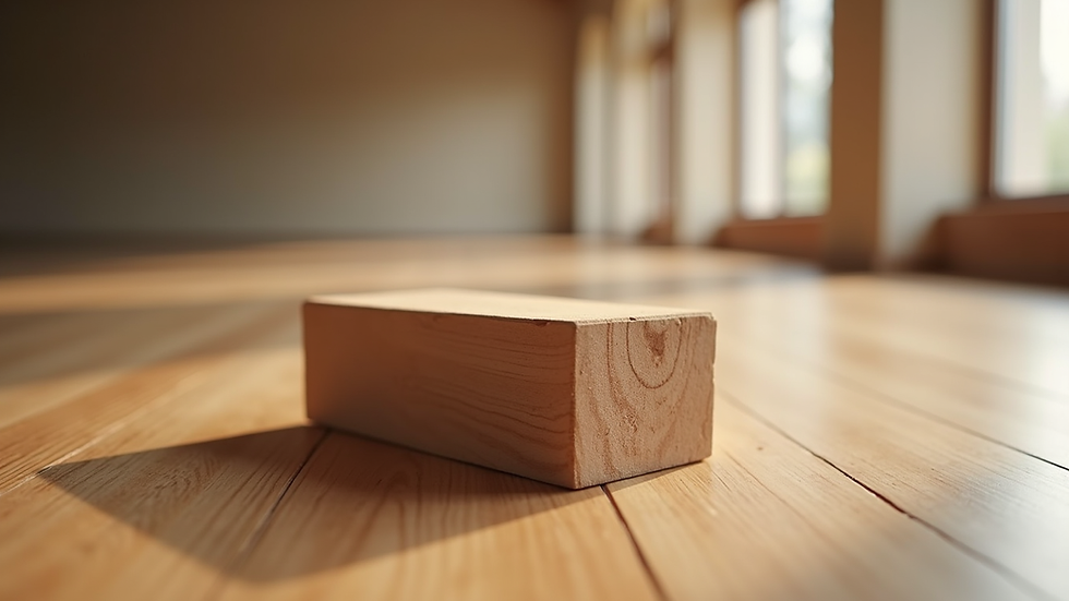 Eye-level view of a single yoga block on a wooden floor