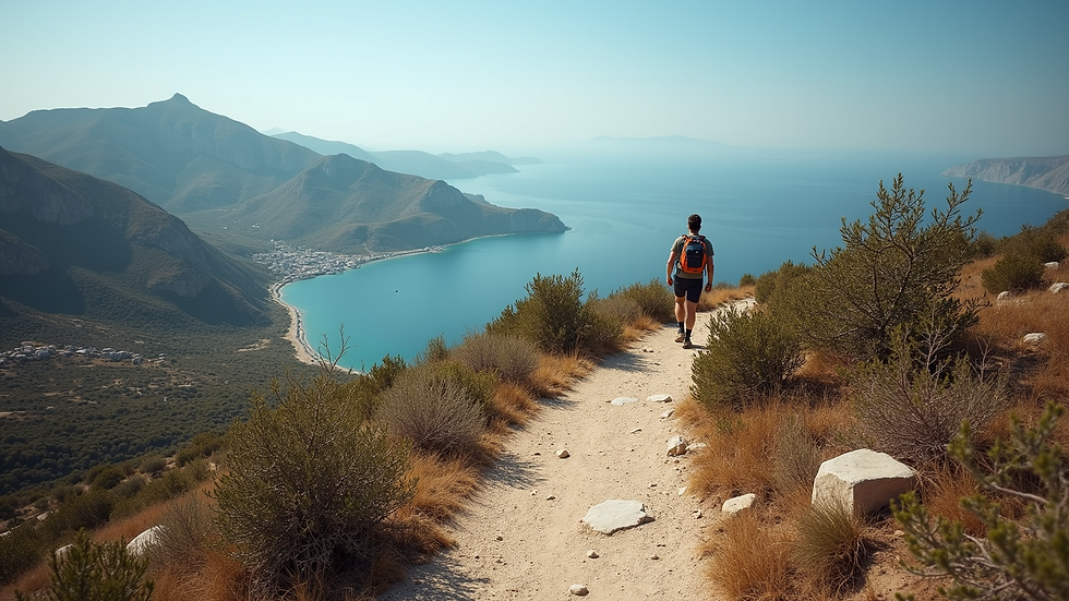 Wide angle view of a scenic hiking trail in the Cyclades