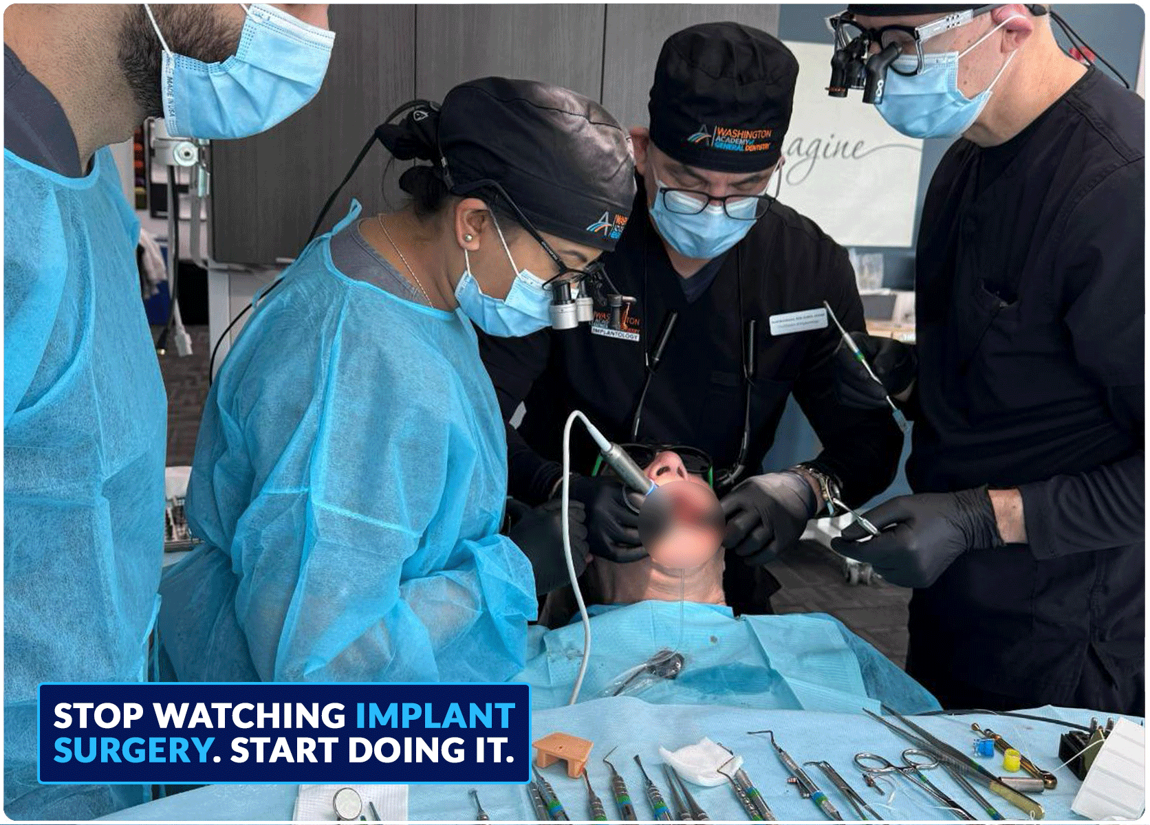 Dentists performing live patient implant surgery during Washington AGD implantology training