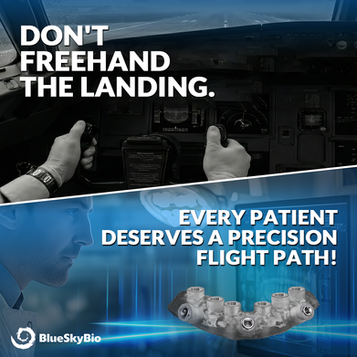Split image with pilot cockpit view and text "DON'T FREEHAND THE LANDING" on left, doctor with text "EVERY PATIENT DESERVES A PRECISION FLIGHT PATH" on right, "BlueSkyBio" logo above.