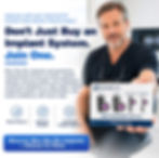 Dentist in navy scrubs holds BlueSkyBio implant card beside ad text: Don’t Just Buy an Implant System. Join One.