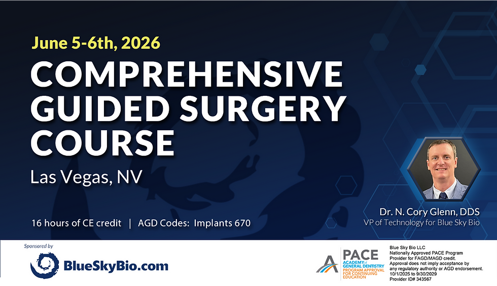 Blue poster for a surgery course June 5-6, 2026, Las Vegas. Text includes sponsor "BlueSkyBio.com" and speaker Dr. N. Cory Glenn, DDS.