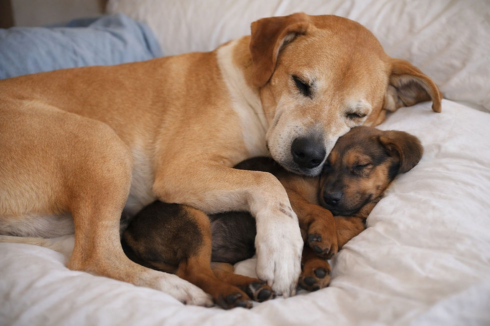 A large dog snuggling with his tiny dog friend for emotional support and co-regulation while recovering from injury