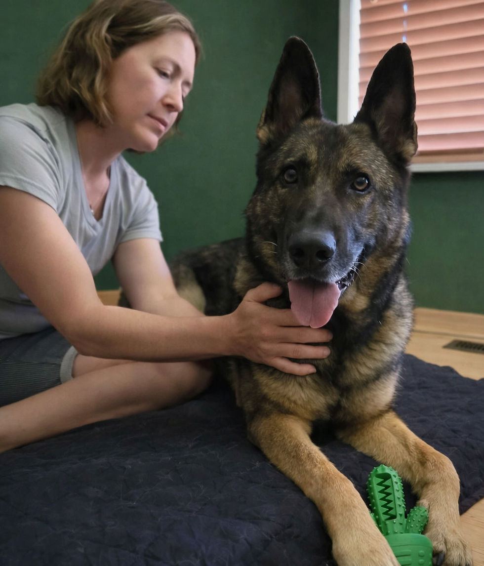 Canine bodywork pratitioner performing gentle bodywork on a beautiful German Shepherd
