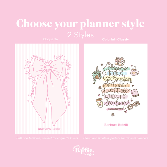 Comparación de dos estilos del planner Today with Faith, Coquette y Classic, mostrando que ambas versiones tienen la misma estructura interna. Planner de fe diseñado para reducir la ansiedad y apoyar una organización diaria intencional centrada en Dios.