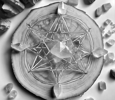 crystal grid make from timber, with star design using clear quartz and rose quartz crystal