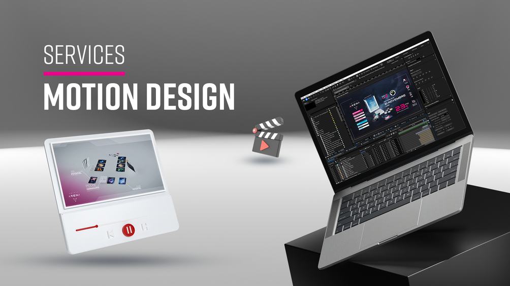 Mockup d'écran montrant une capture d'écran du logiciel After Effect et d'une vidéo upload sur youtube.