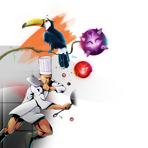 Illustrations de Jonathan Rodriguez, toucan et cuisinier