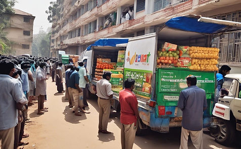 image people buying grocery in queues from DMart Grocery Truck in apartments during covid 