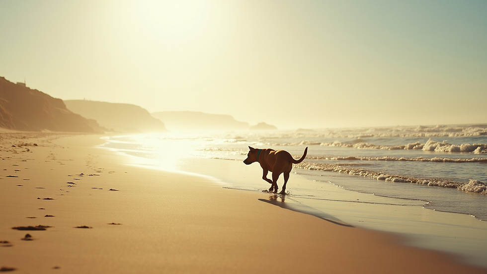 Wide angle view of St. Anne's Beach with golden sands and a dog playing