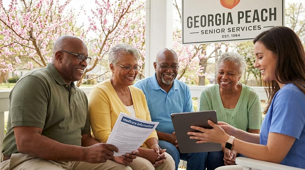 Georgia seniors reviewing Medicare information with an advisor on a porch.