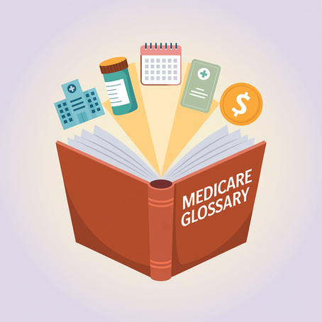 Illustration of an open Medicare glossary book with icons representing hospital care, prescriptions, enrollment periods, and healthcare costs for seniors.