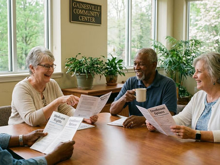 Senior in Gainesville, Georgia comparing Medicare and private insurance documents side by side at a desk.