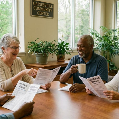 Senior in Gainesville, Georgia comparing Medicare and private insurance documents side by side at a desk.