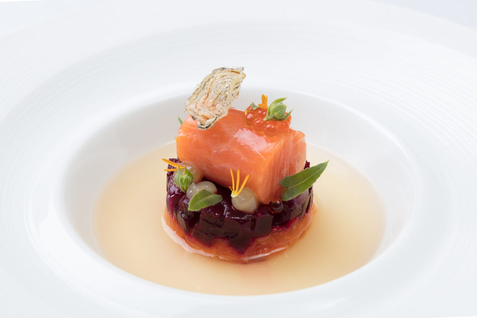 Food and Drink photography by Simon Eldon, salmon starter at michelin star resturant Gravetye Manor