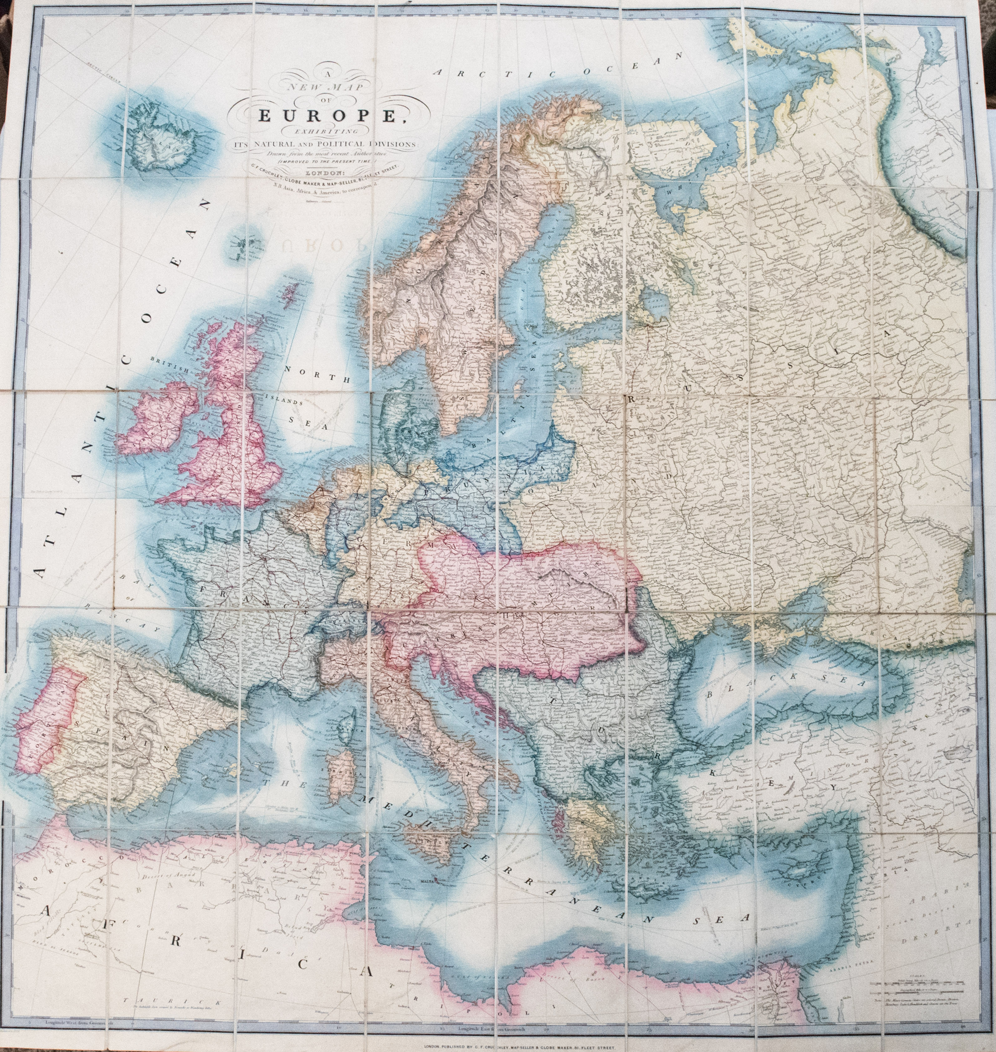 1856 Cruchley Map of Europe with Early Railroads Shown