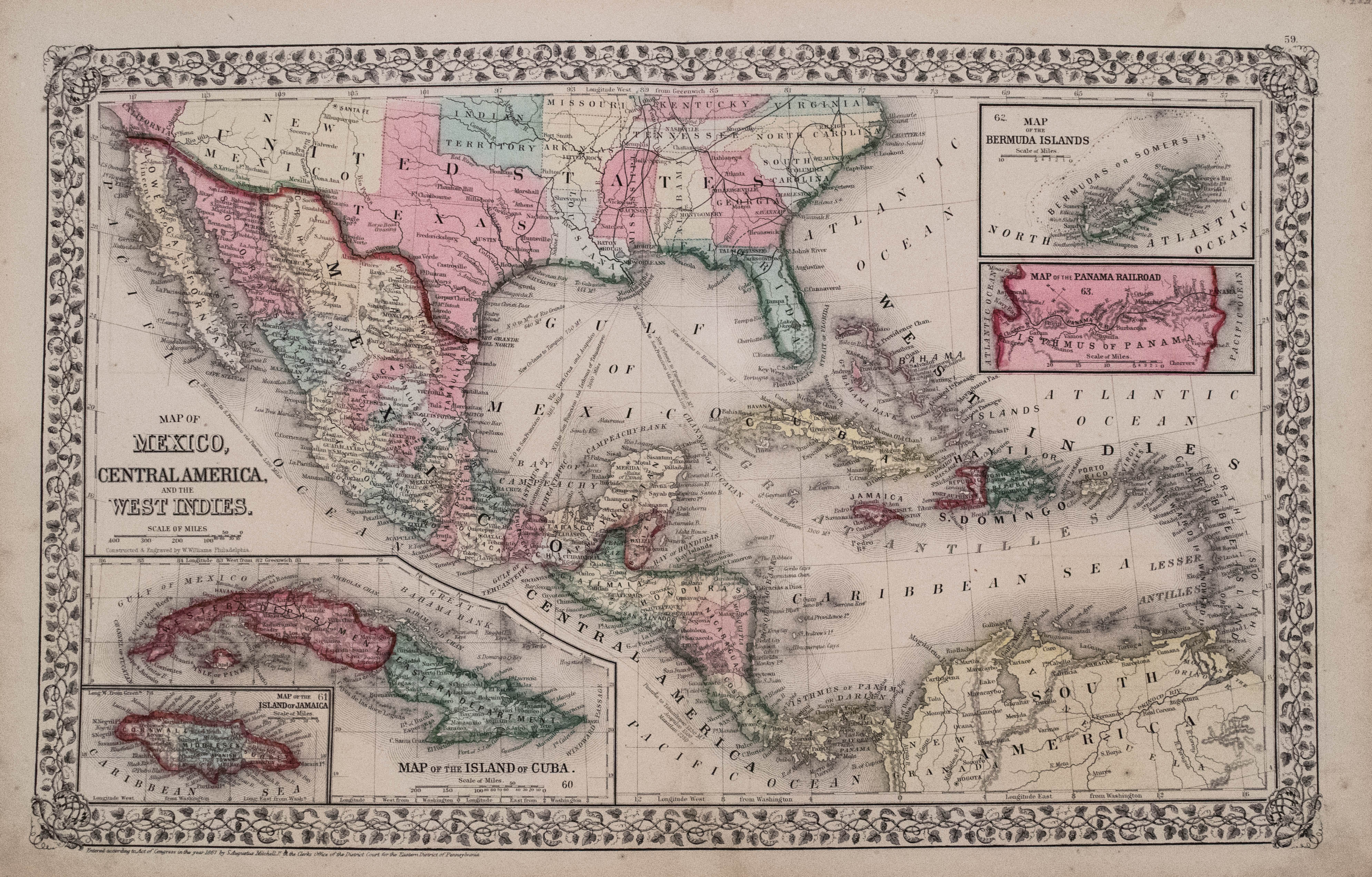 1867 Mitchell Map of the Caribbean and Mexico