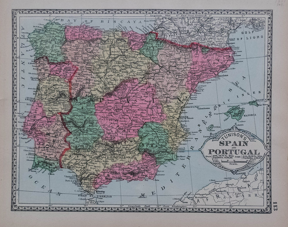 1885 Tunison's map of Spain, Portugal; verso NL, B, DK