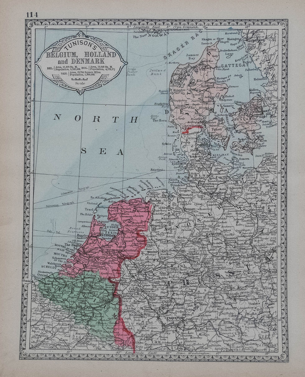 Thumbnail: 1885 Tunison's map of Spain, Portugal; verso NL, B, DK