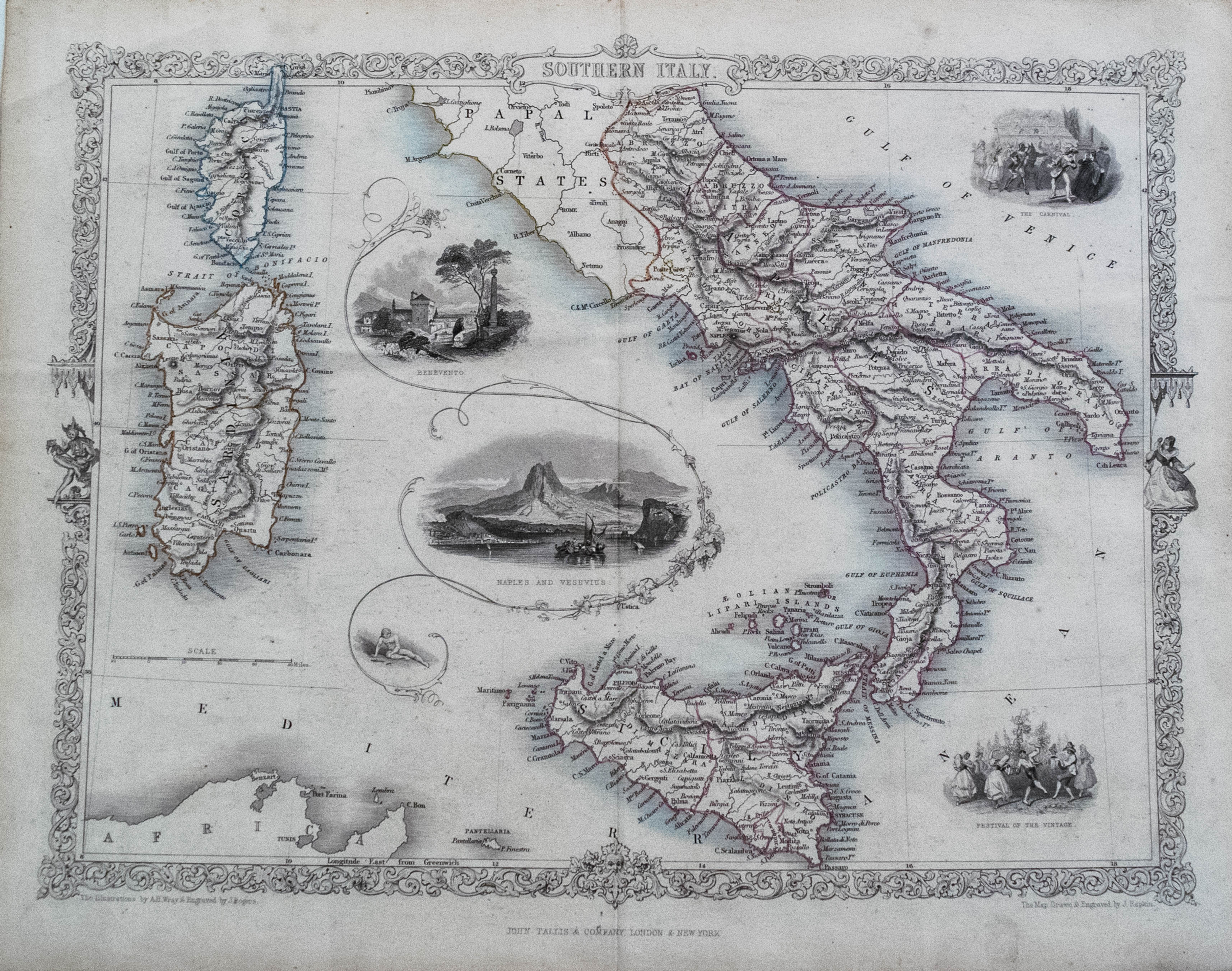 1850 Tallis Decorative Map of Southern Italy
