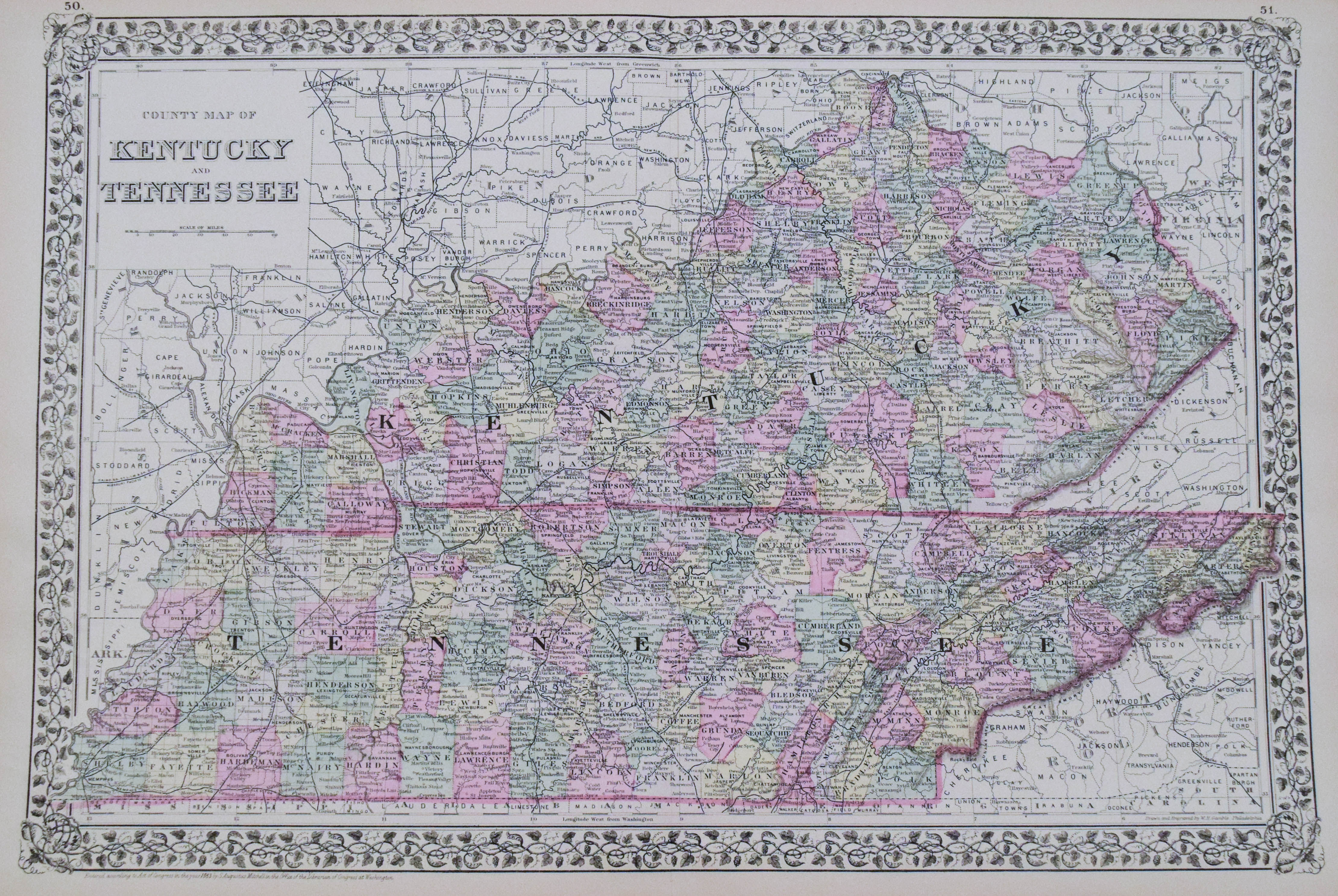 1883 Mitchell Map of Kentucky and Tennessee