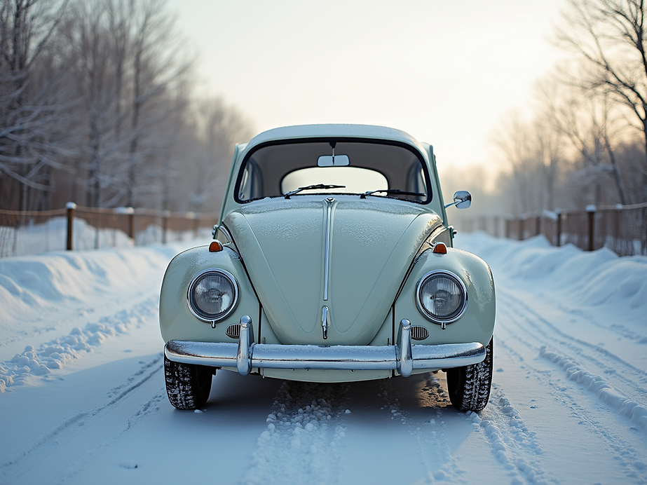 Classic volkswagen-beetle parked-in-snowy-winter-landscape under-soft-natural-lighting..pn