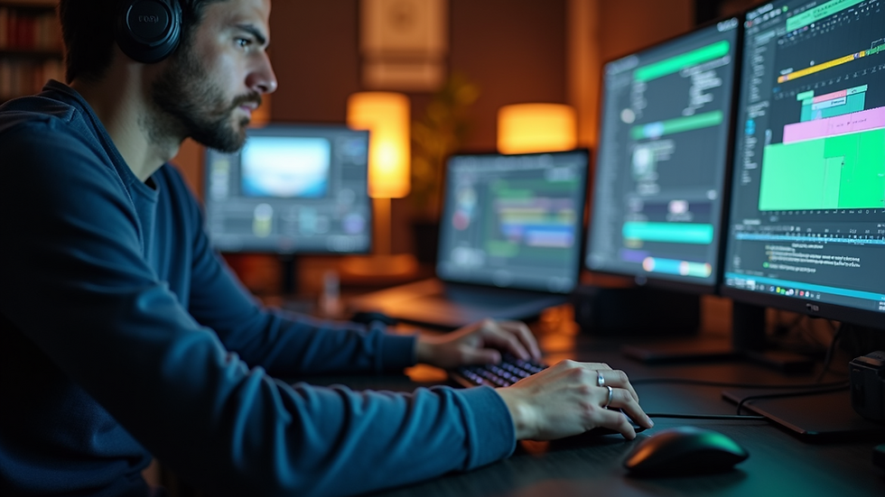 Eye-level view of a video editor working on a computer