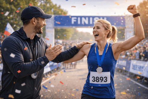 Προπονητής τρεξίματος και αθλήτρια πανυγυρίζουν τον τερματισμό στον μαραθώνιο