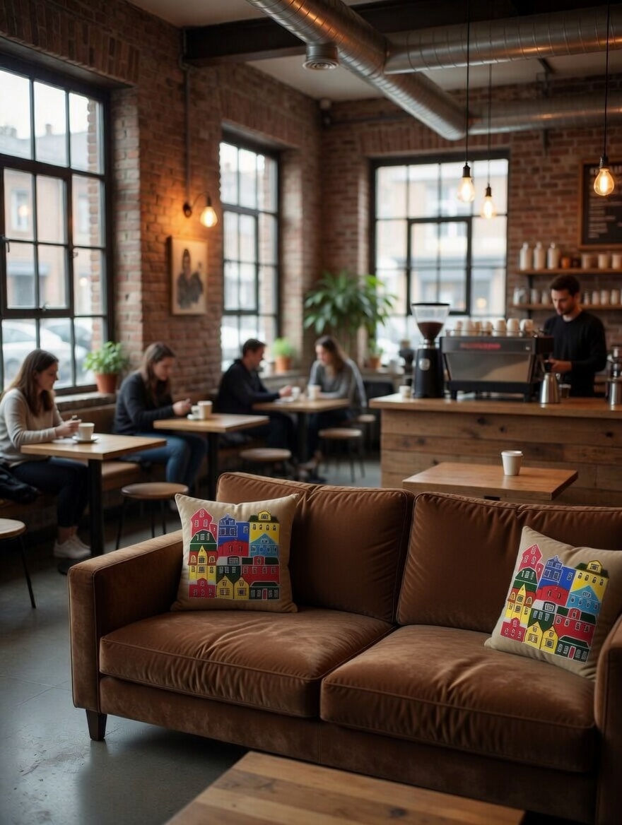 Thumbnail: Two cushions with colorful Reykjavik house embroidery styled on a brown sofa in a cozy industrial-style cafe with brick walls and large windows