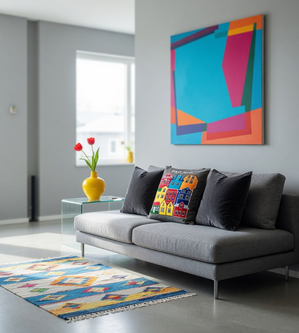 Thumbnail: A dark gray cushion with colorful embroidered Reykjavik houses, styled on a light gray sofa between two plain dark cushions in a bright, modern living room with abstract art on the wall.