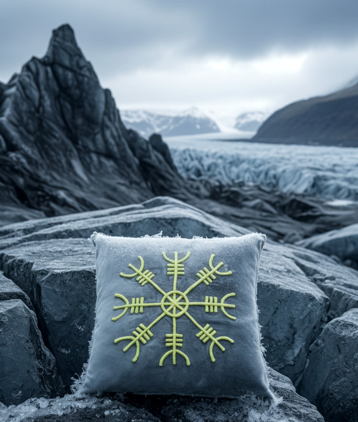 Dark gray turquoise decorative cushion with lime green embroidered VegvÃsir symbol against an Icelandic glacier landscape.