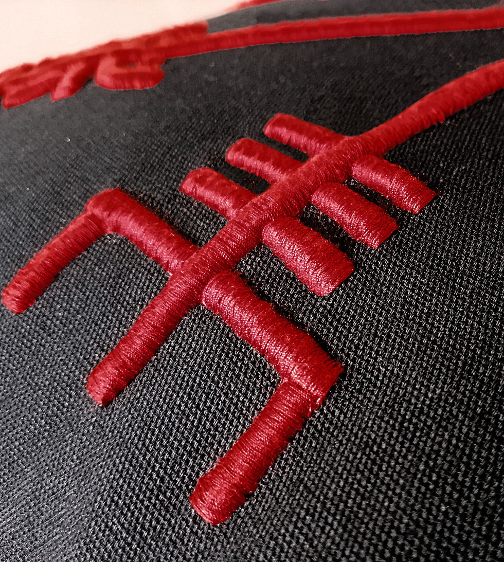 Detailed macro shot of 3D red embroidery on a black textured fabric, showing the intricate stitching of a Viking symbol.
