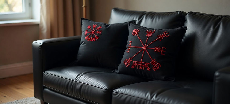 Thumbnail: Black velvet cushion with red Vegvísir embroidery styled on a black sofa in  living room.