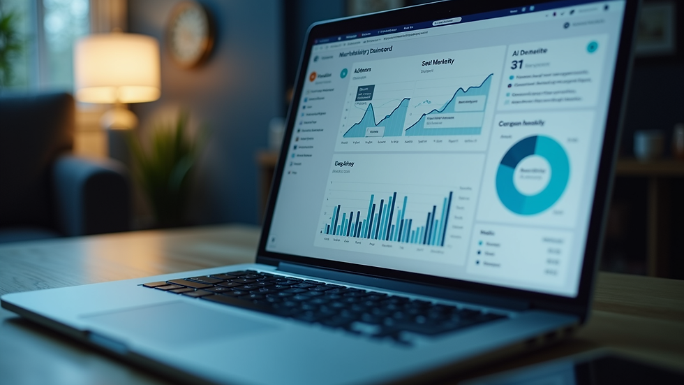 Close-up view of a laptop screen showing AI-powered marketing dashboard