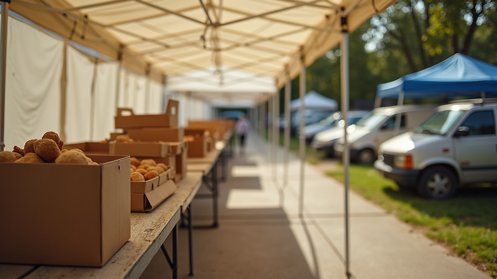 Eye-level view of a portable food pantry tent with tables and food boxes