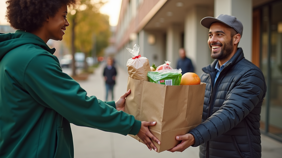 Close-up of a volunteer handing a bag of groceries to a family