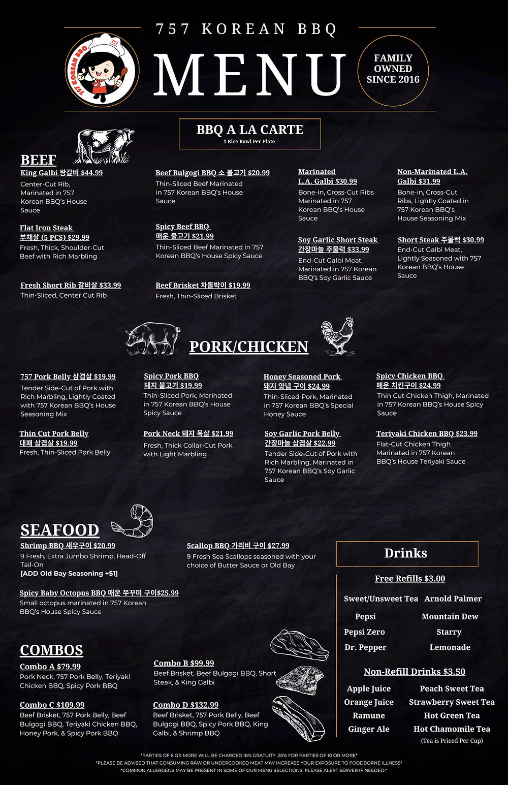 Our BBQ Menu consists of all the hand butchered and marinated meats you can order to your table to grill with your people!