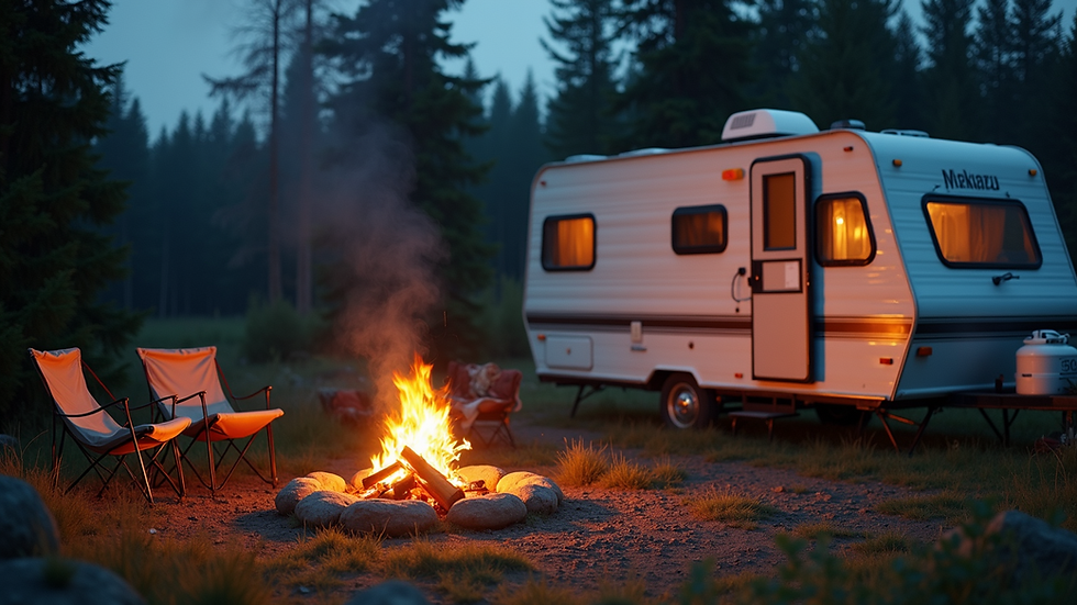 High angle view of a cozy RV campsite with a campfire