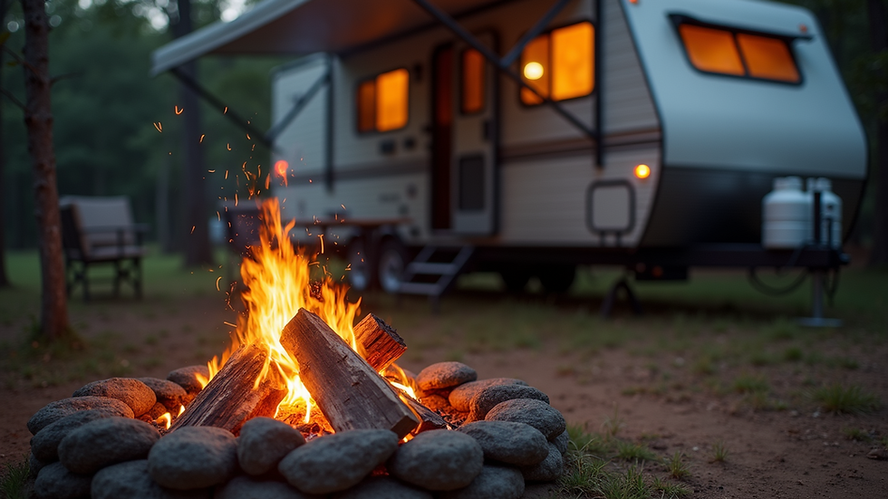 Close-up view of a campfire setup next to an RV in a Texas campground