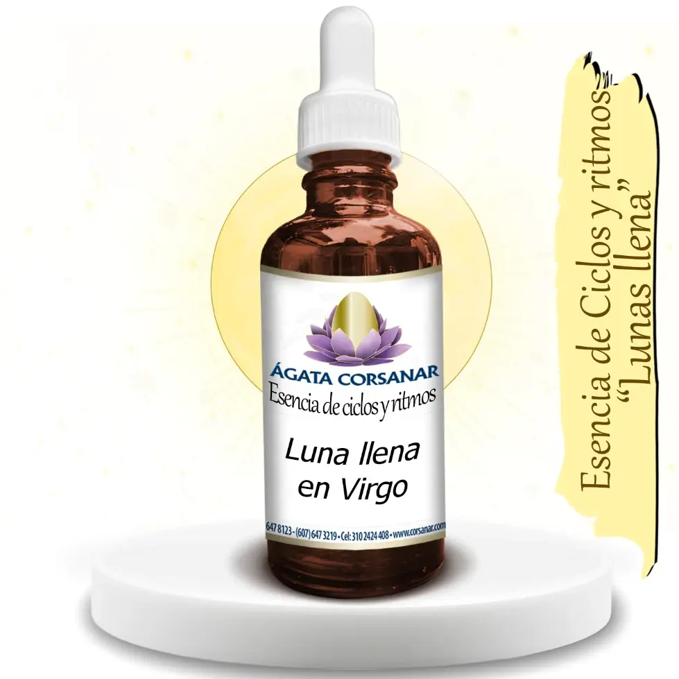 Frasco ambar de Esencias de Ciclos y Ritmos 50ml vista frontal Luna llena en Virgo