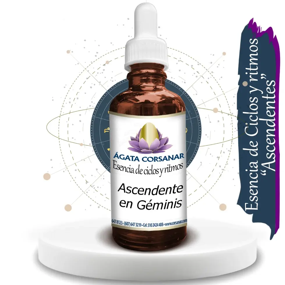 Frasco ambar de Esencias de Ciclos y Ritmos 50ml vista frontal Ascendente en Géminis