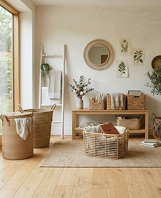 Handwoven natural fibre storage baskets sourced from India for retail and home decor brands.
