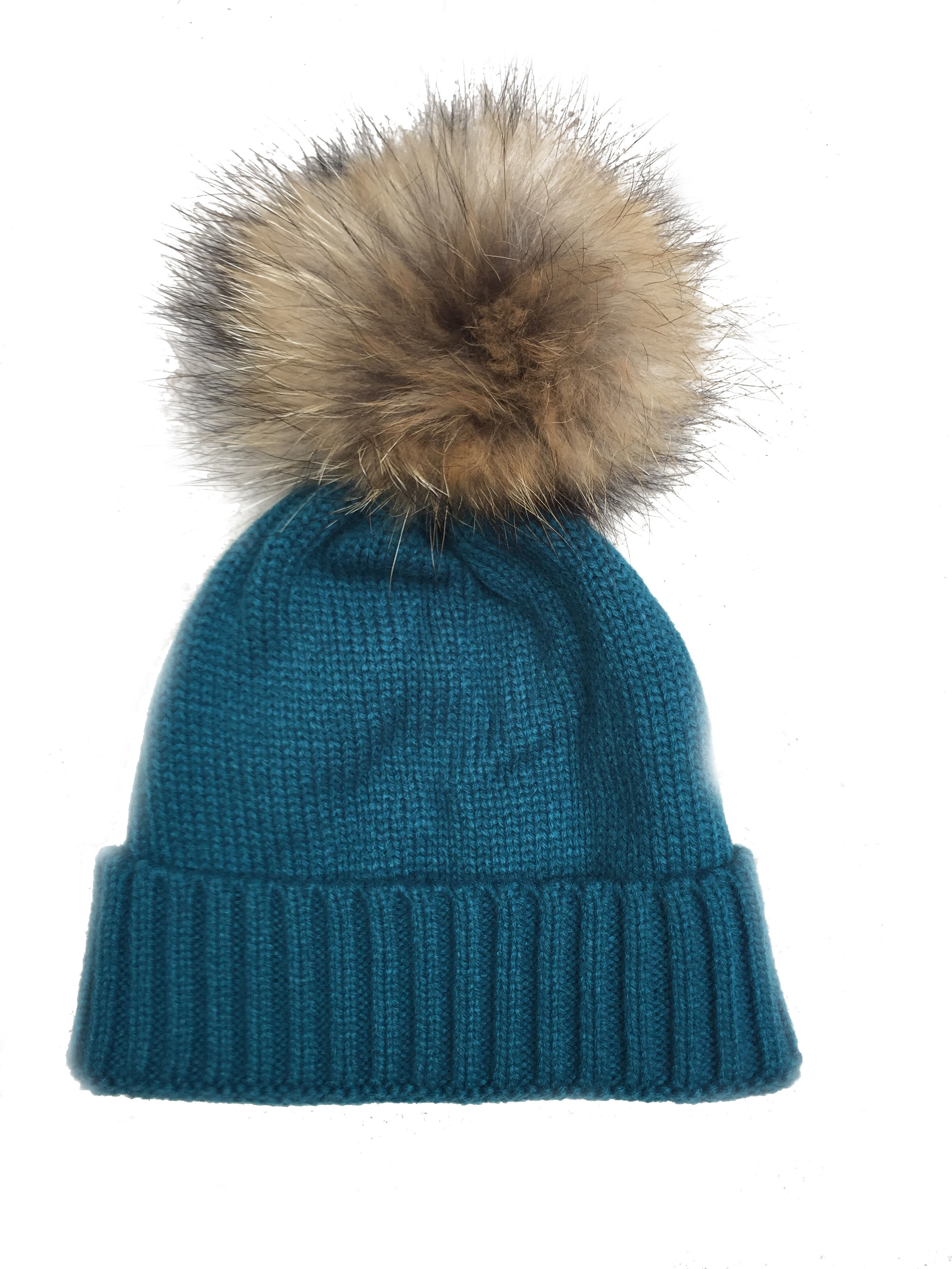 Olly teal hat || natural fur bobble