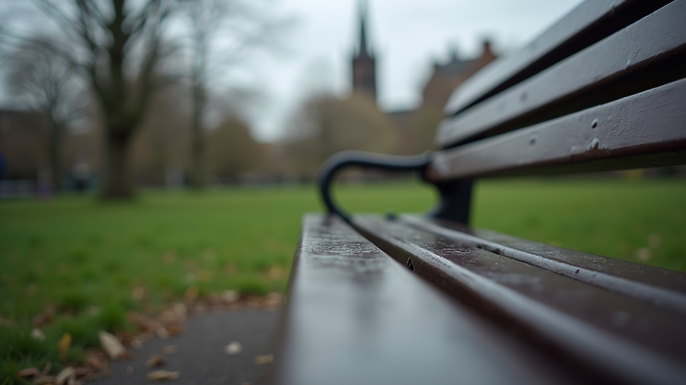 Close-up view of a quiet Glasgow park bench on a cloudy day