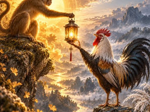 Un singe tenant une lanterne face à un coq, illustration du passage du mois du Singe au mois du Coq en BaZi.
