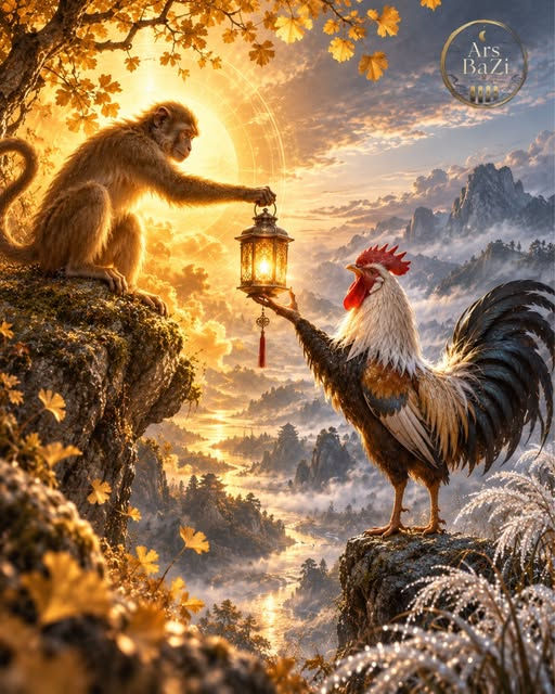 Un singe tenant une lanterne face à un coq, illustration du passage du mois du Singe au mois du Coq en BaZi.