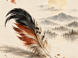 Plume de coq noire, blanche et rousse posée dans un paysage d’automne en aquarelle sur papier washi, évoquant la Branche You en BaZi